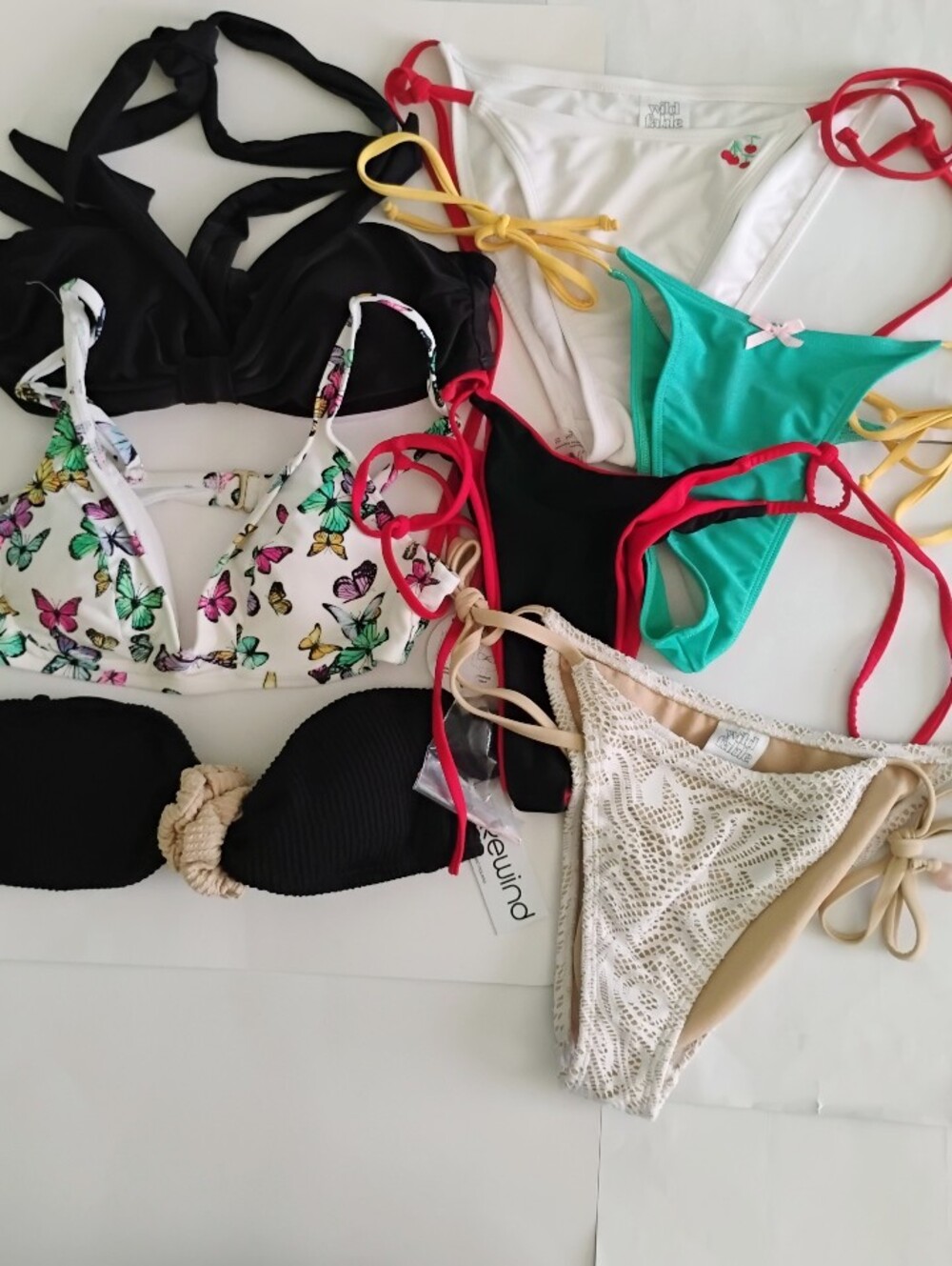 Women’s Small/M Bikini Swimsuits Lot 7 Piece Black, Butterflies, Crinkle